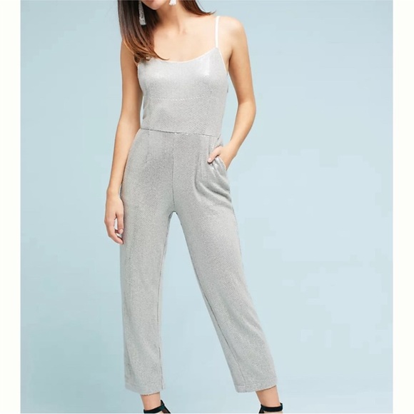 Anthropologie Ett Tea Claudette Elegant Silver Sequin Jumpsuit - Picture 1 of 11